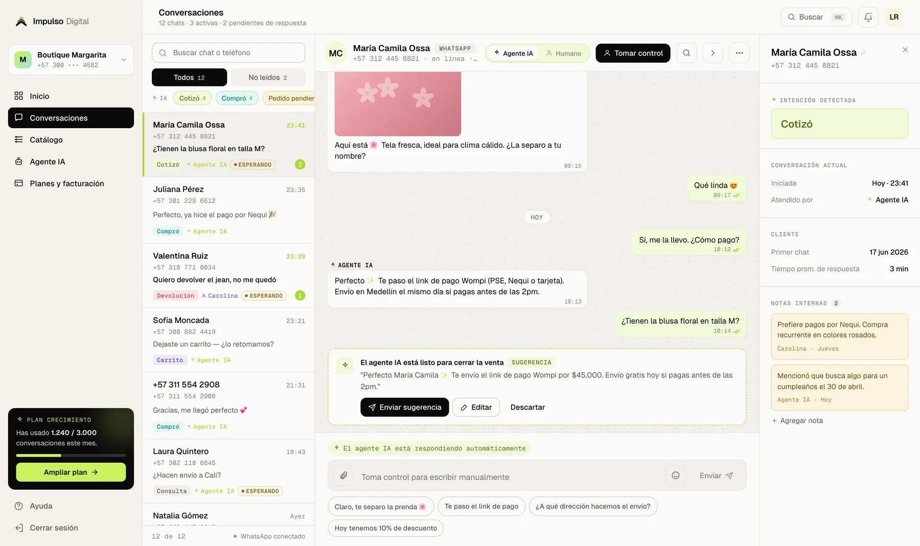 Panel donde se ven los procesos y las conversaciones