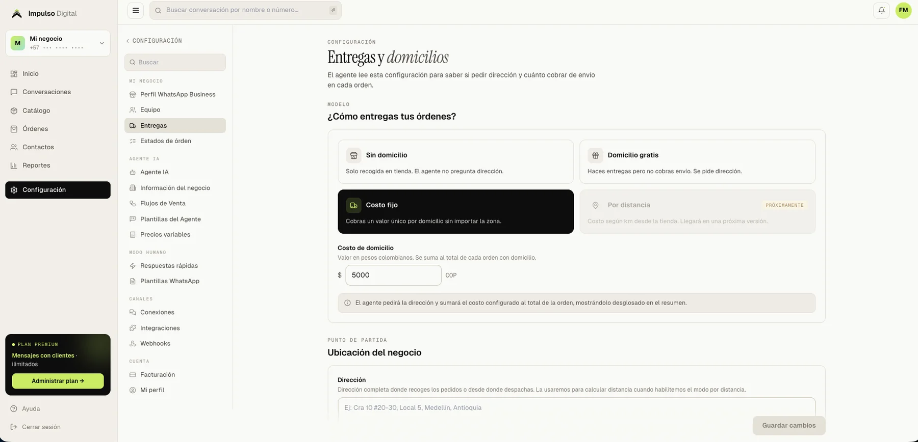 Configuración de entregas y costo de domicilio que el agente lee en cada orden